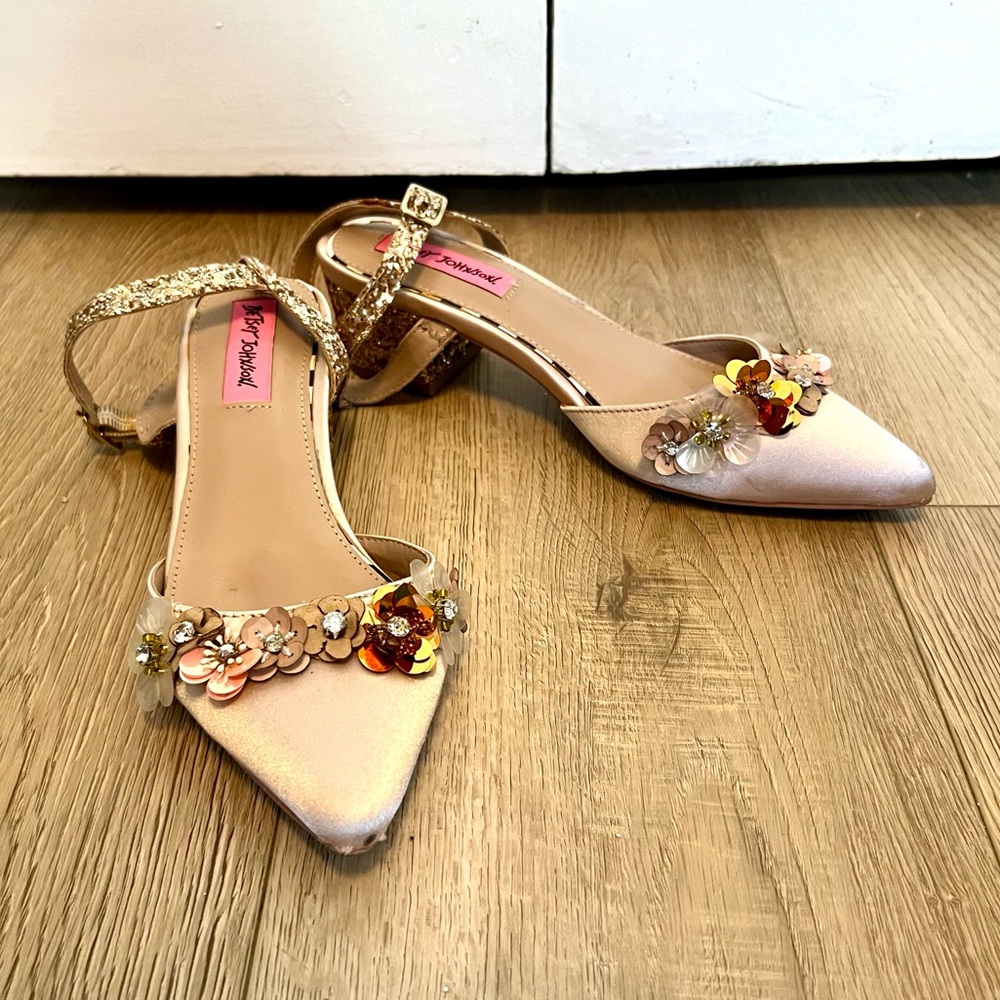 Betsey Johnson Floral Beaded Ankle Strap Heeled Sandals, US 6
